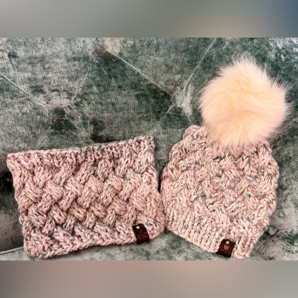 Hand Crafted Accessories - Handmade Hand Crafted Cable Knit Hat and Cowl set Adult Teen size color seashell